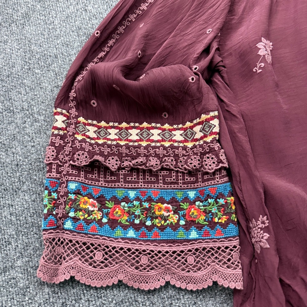 Johnny Was Tunic Top Sz XXL Burgundy Floral Embroidered Lace Boho Indie Peasant - Picture 12 of 16